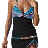 Leopard Print V Neck Halter Swimsuit, Drawstring High Strech Patchwork 2 Piece Bathing Suit, Women's Swimwear & Clothing - Sky Blue - XXL(14)