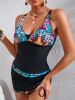 Leopard Print V Neck Halter Swimsuit, Drawstring High Strech Patchwork 2 Piece Bathing Suit, Women's Swimwear & Clothing - Sky Blue - L(8/10)