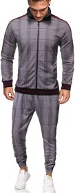 Men's 2 Pieces Tracksuits Jacket and Pants Casual Full Zip Running Jogging Athletic Plaid Sports Sweatsuits (Color: Dark grey, size: L)