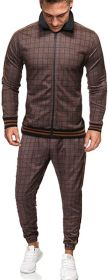 Men's 2 Pieces Tracksuits Jacket and Pants Casual Full Zip Running Jogging Athletic Plaid Sports Sweatsuits (Color: coffee, size: L)