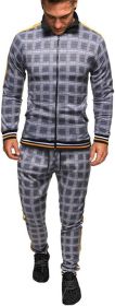 Men's 2 Pieces Tracksuits Jacket and Pants Casual Full Zip Running Jogging Athletic Plaid Sports Sweatsuits (Color: Light grey, size: L)