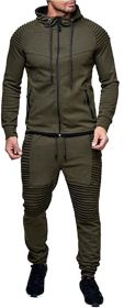 Men's 2 Pieces Tracksuits Running Jogging Athletic Casual Outfits Suit Solid Full Zip Sports Hooded Pants Sweatsuits (Color: Army Green, size: L)