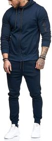 Men's 2 Pieces Tracksuits Running Jogging Athletic Casual Outfits Suit Solid Full Zip Sports Hooded Pants Sweatsuits (Color: navy, size: M)