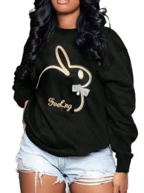 Plus Size Embroidery O Neck Long Sleeve Sweatshirts Top (Color: Black, size: M)