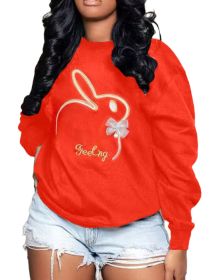 Plus Size Embroidery O Neck Long Sleeve Sweatshirts Top (Color: Red, size: XL)