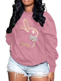 Plus Size Embroidery O Neck Long Sleeve Sweatshirts Top (Color: Pink, size: XXXXL)