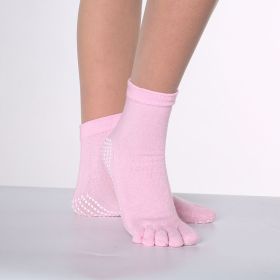 1pair Rainbow Color Non-slip Towel Bottom Yoga Socks, Cozy 5 Toes Split Knitted Calf Crew Socks, Women's Yoga Socks (Color: Pink, size: One-size)