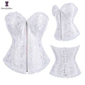 Sexy Women Steampunk Clothing Gothic Plus Size Corsets Lace Up Boned Overbust Bustier Waist Cincher Body Shaper Corselet S-6XL (Color: 819 white, size: L)