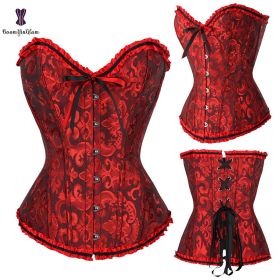 Sexy Women Steampunk Clothing Gothic Plus Size Corsets Lace Up Boned Overbust Bustier Waist Cincher Body Shaper Corselet S-6XL (Color: 810 dark red, size: XXL)