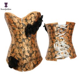 Sexy Women Steampunk Clothing Gothic Plus Size Corsets Lace Up Boned Overbust Bustier Waist Cincher Body Shaper Corselet S-6XL (Color: 825 yellow, size: 5XL)